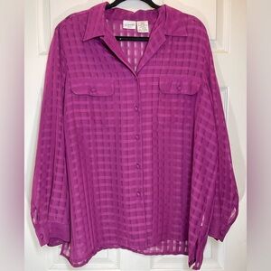 LIZ BAKER Women’s Plus‎ Size Blousr Collared Long Sleeve Sheer Gingham Size 18W